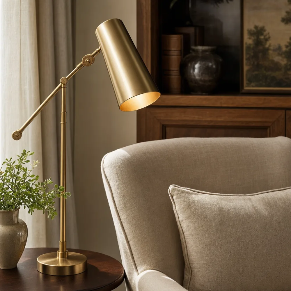 Brass lamp and linen chair detail in the waiting area