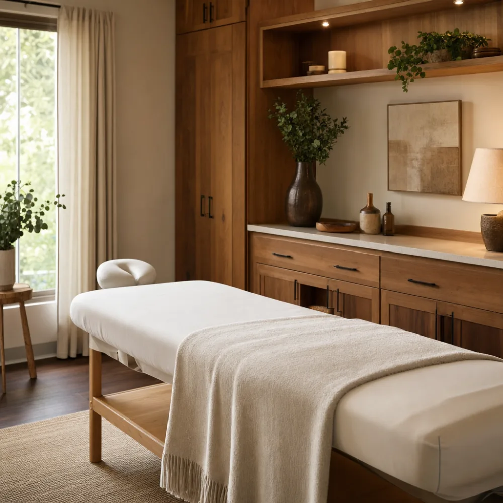 Treatment table in a warm, wood-toned adjustment room at True North Chiropractic