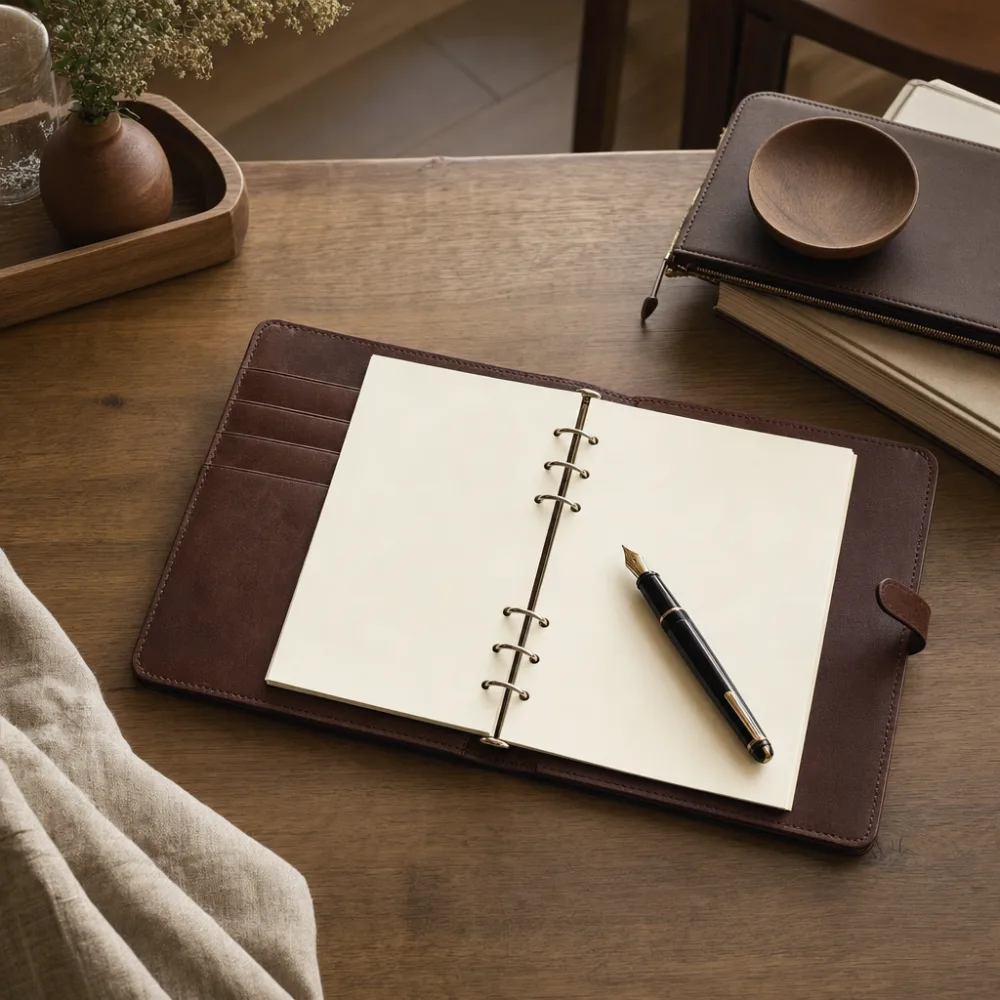 Calendar planner laid flat on a wooden desk