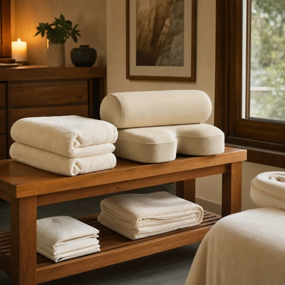 Folded towels and support cushions arranged in a treatment room